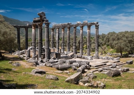 Euromos was an ancient city in Caria, Anatolia; the ruins are approximately 4 km southeast of Selimiye and 12 km northwest of Milas (the ancient Mylasa), Mugla Province, Turkey. Royalty-Free Stock Photo #2074334902