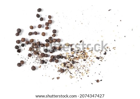 Black ground pepper powder, crushed pile with grains, isolated on white background, top view Royalty-Free Stock Photo #2074347427