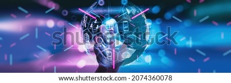 Metaverse digital cyber world technology concept businessman working as concept with virtual digital dashboard interface with The real world with the virtual world overlapped icons innov Royalty-Free Stock Photo #2074360078