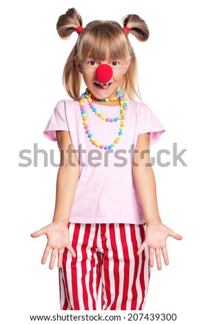 Little girl with red clown nose isolated on white background