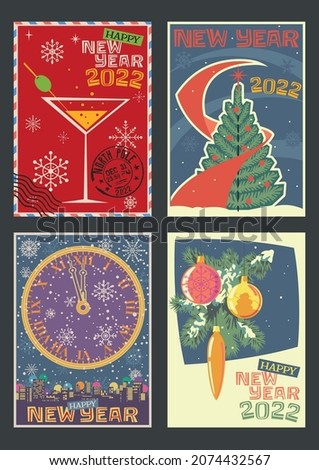 Happy New Year 2022 Greeting Card Set, Retro Season Holidays Postcards Style Illustrations, Cocktail Glass, Christmas Tree and Decorations, Clock Face, Snowflakes