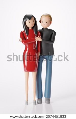 3D Cartoon character cute couple standing together and man hand hugging woman on white background 3D render