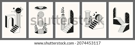 Surreal abstract posters and cards in trendy minimal line art style. Columns, stairs, arch, geometric shapes and cosmic elements. Can be used in cover design, books, advertising, invitation, banners. Royalty-Free Stock Photo #2074453117
