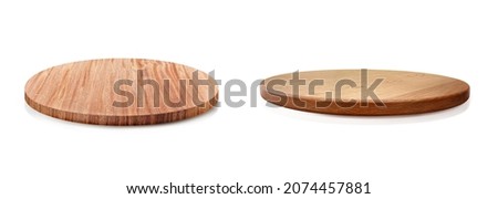 Empty wooden plate isolated on white background, of free space for your copy and branding. Use as products display montage. Vintage style concept. Clipping path. Royalty-Free Stock Photo #2074457881