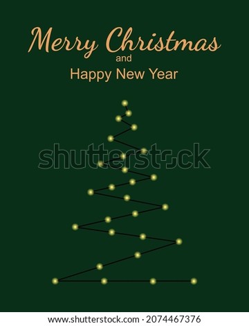 Merry Christmas and Happy New Year greeting card. The inscription and a tree made of glowing lanterns on a dark green background. Vector illustration.