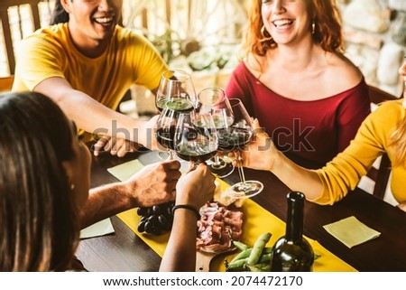 Happy adult friends dining drinking red wine on terrace home party - Multiracial young people at lunch having fun eating bbq food in gastronomic rustic restaurant - Friendship, youth concept
