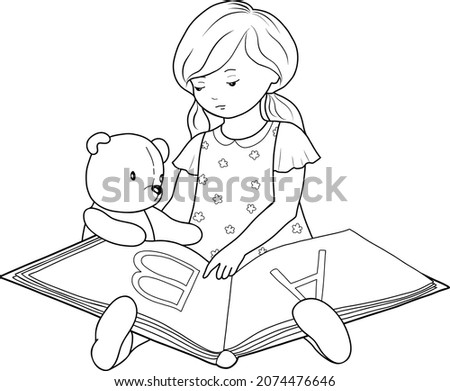Hand-drawn child reading a book. Black and white image on white background.