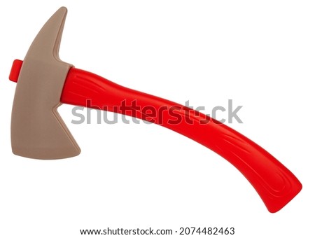 Plastic toy axe isolated on white background. Cartoon concept lumberjack toy for kids