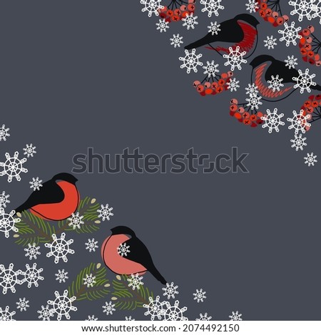 Two corners diagonal frame made of snow birds, ash berries, fir tree branches, snowflakes in red, black, green, grey, white colors to use for a card or a background for Christmas or New Year