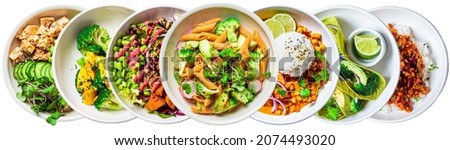 Banner of vegan lunch bowls isolated on white background. Healthy plant based food concept. Vegetarian pasta, curry with rice, salad, tortillas and baked vegetables.