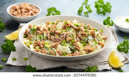 Tuna salad with avocado, celery, spring onion and iceberg lettuce. Tasty healthy food Royalty-Free Stock Photo #2074499080