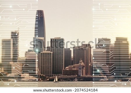 Abstract virtual micro circuit sketch on San Francisco office buildings background, future technology and AI concept. Double exposure