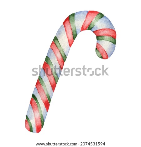 Watercolor Xmas decoration isolated on a white background. Cute Christmas, New year caramel cane for greeting cards, textile, wrapping paper, banners, stickers design, kids playroom wall decor.