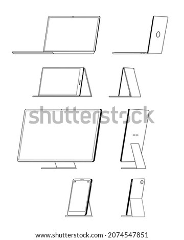 A set of images of various mobile and computer devices in two angles. Vector black and white illustrations in outline style.