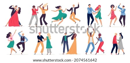 Cartoon couples dancing in club, tango, waltz and swing. Man and woman having training lessons. Female and male characters doing movements and steps at party vector set. Dancers in elegant costumes Royalty-Free Stock Photo #2074561642