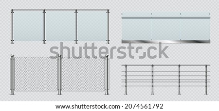 Realistic glass and metal balcony railings, wire fence. Transparent terrace balustrade with steel handrail. Pool fencing sections vector set. Banister sections or panels with pillars Royalty-Free Stock Photo #2074561792