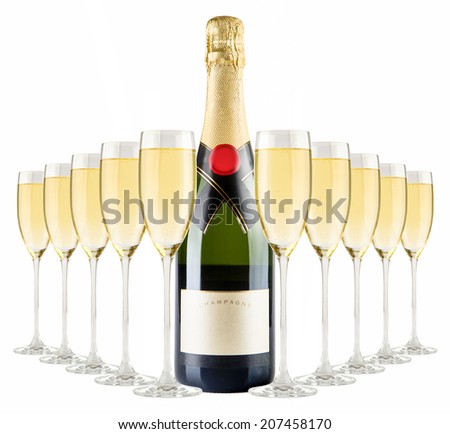 Champagne bottle and many champagne glasses