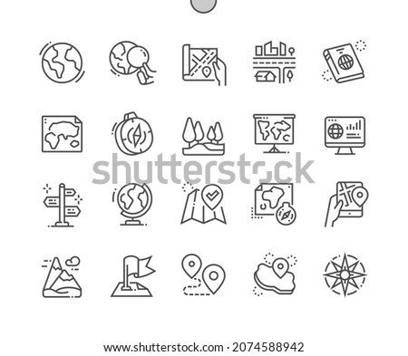 Geography. Map with compass. Wind rose. World map. Earth. Continent, study, discovery, navigation. Pixel Perfect Vector Thin Line Icons. Simple Minimal Pictogram Royalty-Free Stock Photo #2074588942