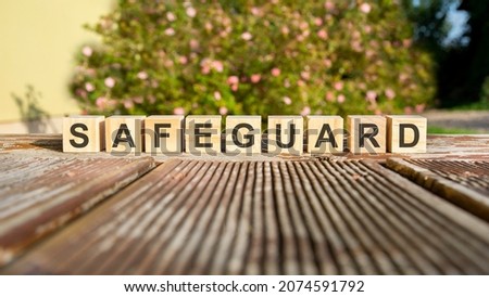 the word safeguard is written on wooden cubes. the blocks are placed on an old wooden board illuminated by the sun. in the background is a brightly blooming shrub