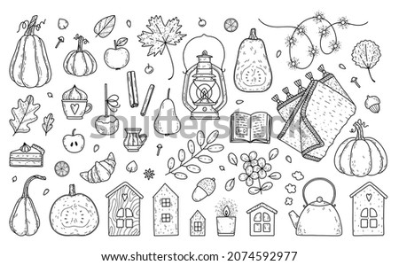 Vector set of autumn elements - leaves, pumpkins, kettle, knitted blanket, coffee and tea, desserts, houses, book, garland, sweets. Cute things for cozy autumn days.