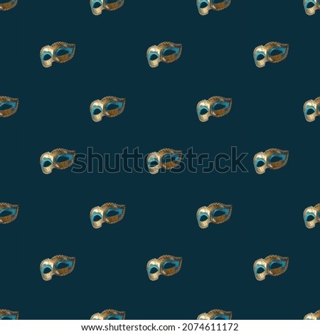 christmas golden masks on blue background seamless pattern