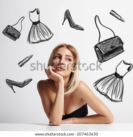 woman with a drawn dress, shoes, lipstick and bag Royalty-Free Stock Photo #207463630