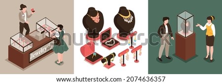 Various jewelry with gemstones on stand and shop assistants demonstrating rings and necklace 3d isometric design concept isolated vector illustration Royalty-Free Stock Photo #2074636357