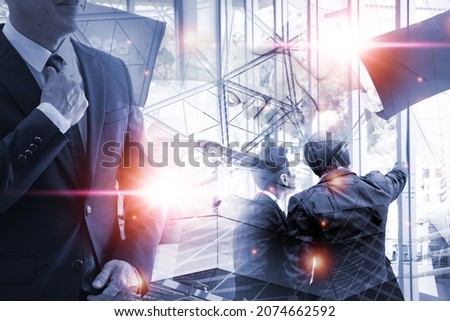 Double exposure picture.photo mix  building city with icons graph and businesswoman use notebook.deal,partnership,
Development,meeting,action.Picture concept work woman and business .
