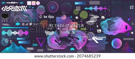 Retrofuturistic 3D trendy collection. Trendy elements in vaporwave style from 80s-90s. Old wave cyberpunk concept. Shapes design elements for disco genre, retro party. Neon glitch shapes. Vector set Royalty-Free Stock Photo #2074685239