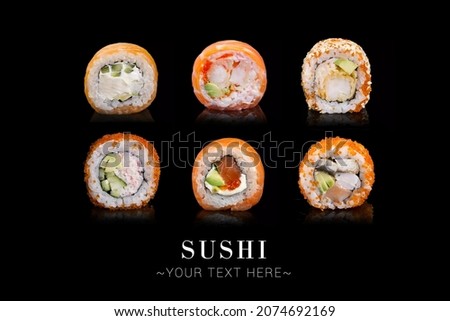 Large Set of Japanese sushi roll different pieces isolated on black background. Advertising menu banner with text space. Seafood variety 