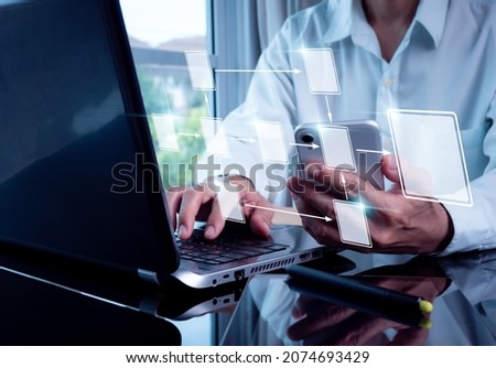 Flowchart-based business process and workflow automation. Holding a mobile phone and configuring processing management on a computer screen Royalty-Free Stock Photo #2074693429