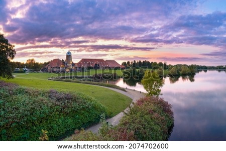 Caldecotte lake sunset panorama in Milton Keynes. England Royalty-Free Stock Photo #2074702600