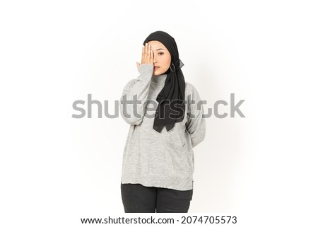 Cover a Half Face of Beautiful Asian Woman Wearing Hijab Isolated On White Background