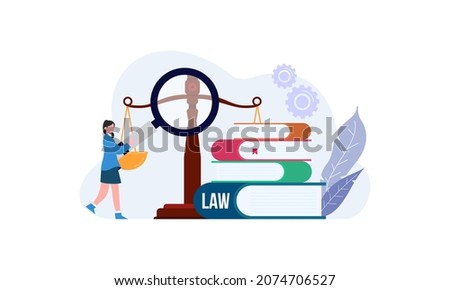 Law justice with weighing scale and huge icons process of law symbols illustration