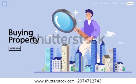 Man looking home on market. Buy or rent house online. Real estate search. Buying property concept. searching service. Flat vector illustration of house for rent, for sale, residential property market.