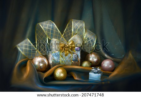 Christmas background with silver balls and present