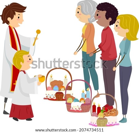 Illustration of Stickman Priest Holding Aspergillum with Holy Water Blessing People Easter Basket with Kid Altar Servant Holding Aspersorium