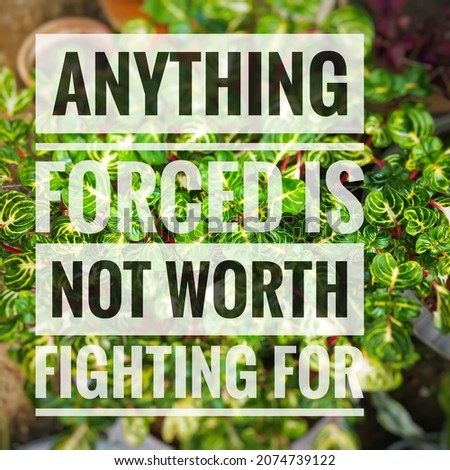 A motivational quote " Anything forced is not worth fighting for " isolated on nature background.