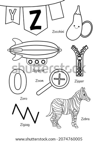 English alphabet with cartoon cute children illustrations. Kids learning material. Letter Z. Illustrations zeppelin, zucchini, zebra. Outline collection.
