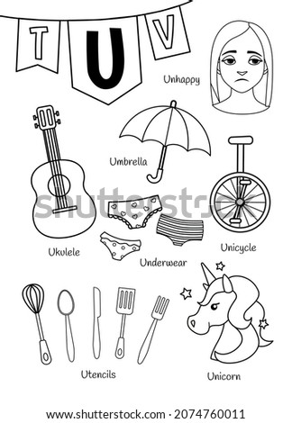 English alphabet with cartoon cute children illustrations. Kids learning material. Letter U. Illustrations ukulele, underwear, unicorn, umbrella. Outline collection.
