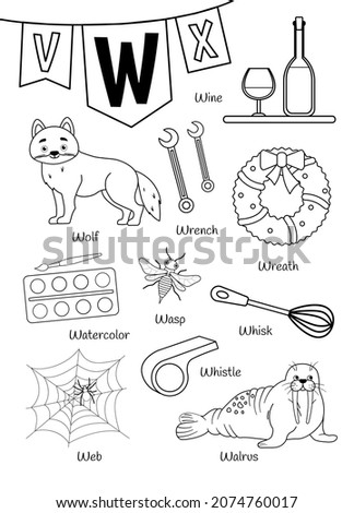 English alphabet with cartoon cute children illustrations. Kids learning material. Letter W. Illustrations wolf, watercolor, wasp, wine, walrus, web. Outline collection.
