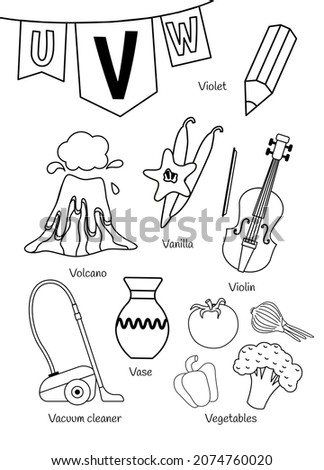 English alphabet with cartoon cute children illustrations. Kids learning material. Letter V. Illustrations violet, vanilla, volcano, vacuum cleaner, vegetables. Outline collection.

