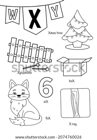 English alphabet with cartoon cute children illustrations. Kids learning material. Letter X. Illustrations xylophone, x-ray, box, fox. Outline collection.
