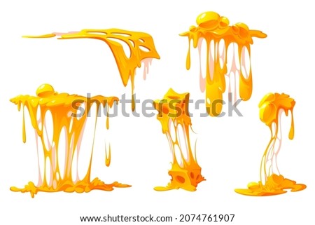 Melted cheese cartoon set, mellow pieces with dripping and stretches, design elements for pizza, sandwiches or pasta, cheesy texture flow, melt food isolated on white background, Vector illustration Royalty-Free Stock Photo #2074761907