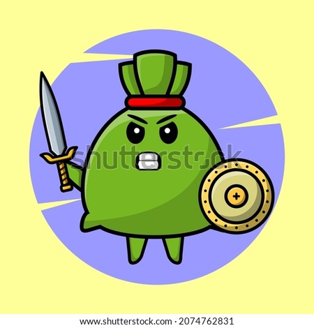 Cartoon money bag mascot holding sword and shield in cute style for t-shirt, sticker, logo element