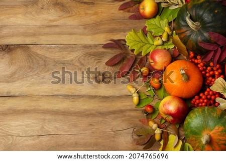 Thanksgiving green, orange pumpkins, rowan, apples on the rustic wooden table, top view