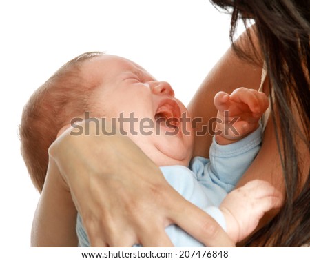 Loving mother with her infant child isolated on white