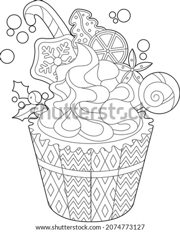Cute Christmas cake. Winter holiday muffin. Black and white elements. Traditional festive decor for season design. Hand drawn illustration in zentangle style for children and adults, tattoo.