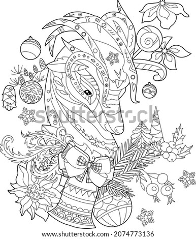 Cute Christmas reindeer. Winter holiday decoration. Black and white elements. Traditional festive balls for season design. Hand drawn illustration in zentangle style for children and adults, tattoo.