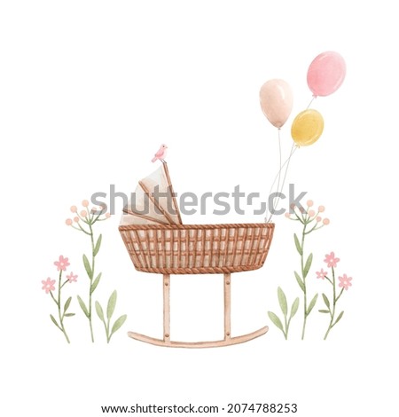 Beautiful composition with hand drawn watercolor baby cradle crib air baloons and flowers. Stock clip art illustration for girl.
